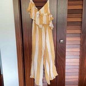 American Eagle (S) mustard, striped one shoulder ankle length jumpsuit
